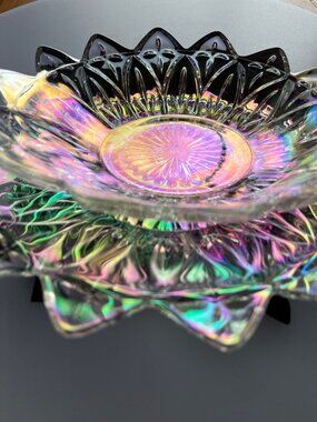 8.5" Stack Iridescent Clear Glass Sunflower Dishes Set(2) Floral Plates Vintage